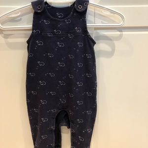 Soft baby navy whale overalls.